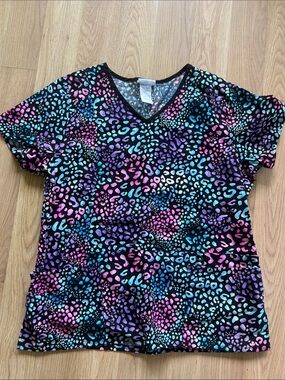 Scrubstar Black Scrub Top with Pink, Purple and Teal Spot Print